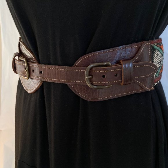 Anthropologie Double Buckle Western Cinch Belt Sz M Brown Leather, Woven Fabric main image 5